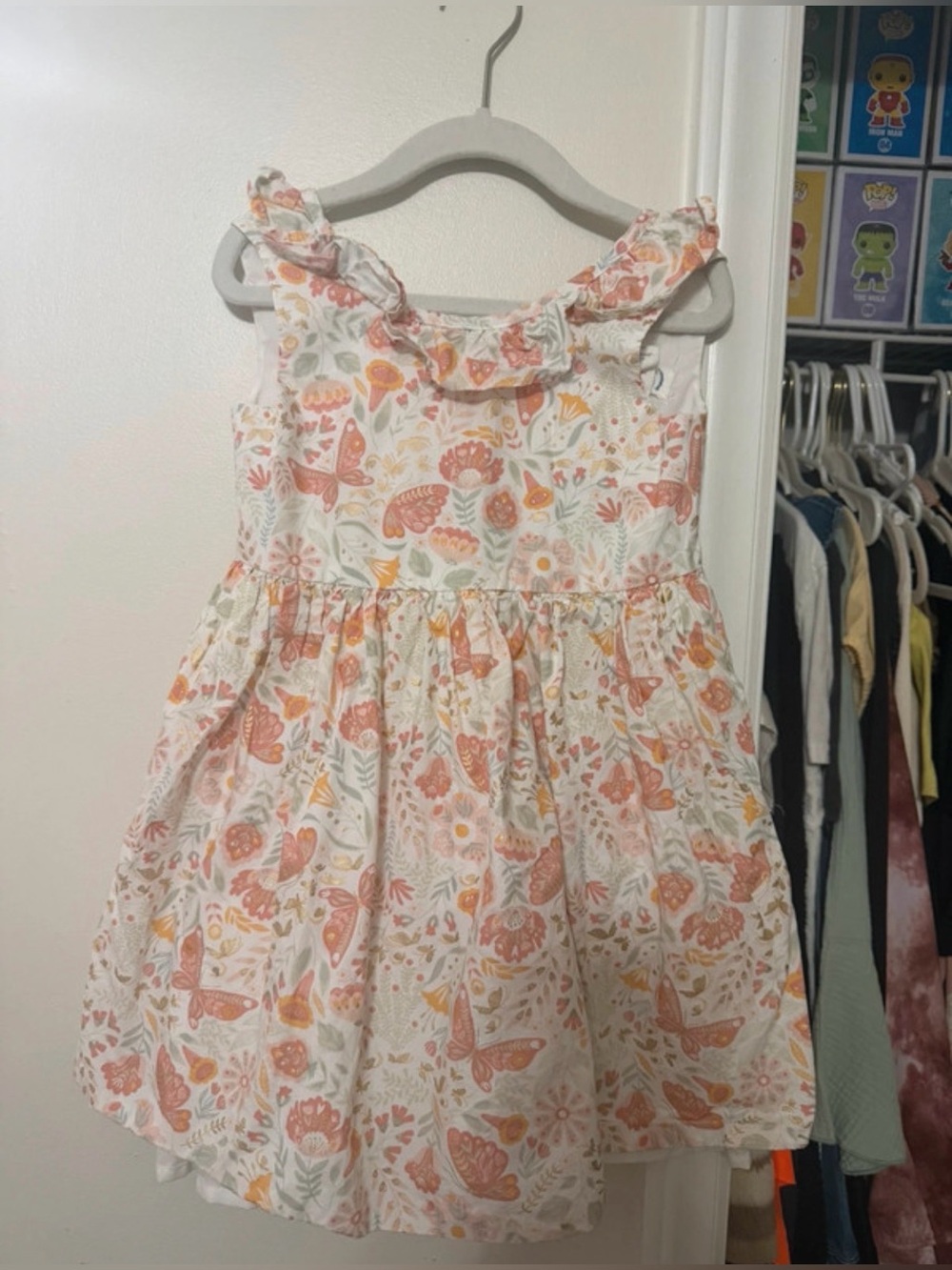 Girls' White Floral Butterfly Dress with Peach & Yellow Accents